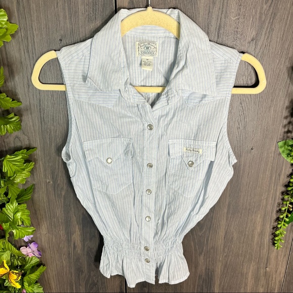 \|🌼3/$30🌼Vintage Lucky Brand Dungaree Sleeveless Stripped Blouse Size Medium - Picture 3 of 16